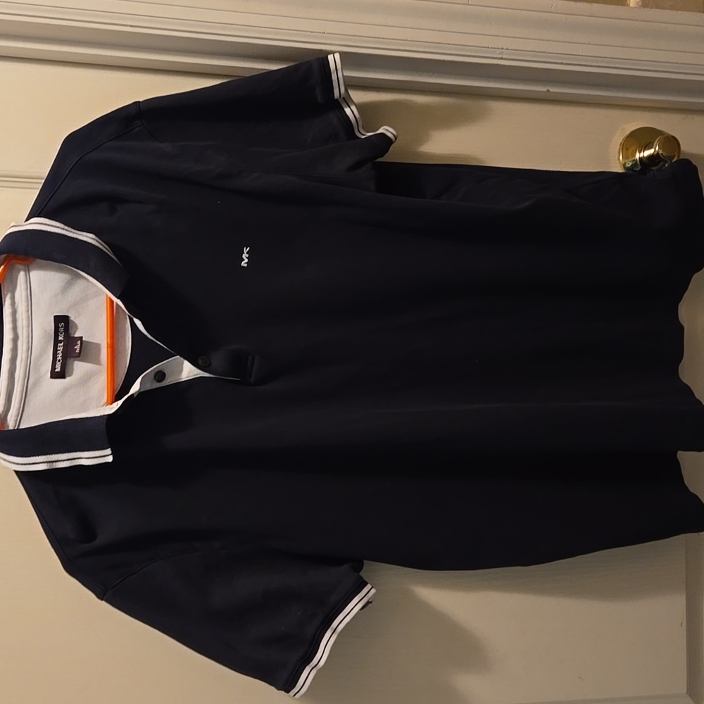 Michael Kors Navy Blue Polo Shirt White Accent Short Slv Embroidered MK LG EUC